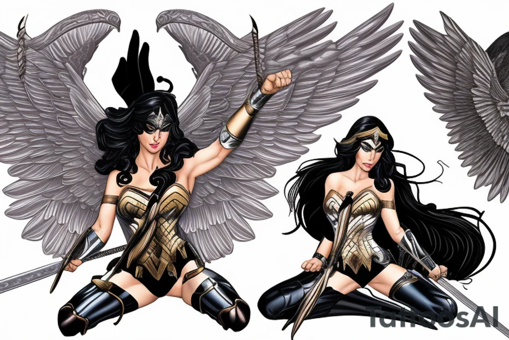 photorealism wonderwoman with archangel wings with sword and with 2 pieces of clothing, fighting with evil tattoo idea