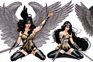 photorealism wonderwoman with archangel wings with sword and with 2 pieces of clothing, fighting with evil tattoo idea