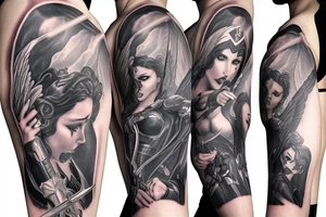 photorealism wonderwoman with archangel wings with sword and with 2 pieces of clothing, fighting with evil tattoo idea