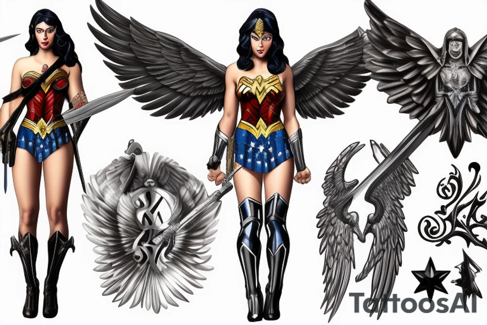 photorealism wonderwoman with archangel wings with sword and with 2 pieces of clothing, fighting with evil tattoo idea