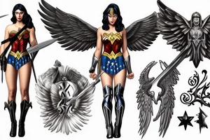 photorealism wonderwoman with archangel wings with sword and with 2 pieces of clothing, fighting with evil tattoo idea