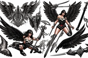 photorealism wonderwoman with archangel wings with sword and with 2 pieces of clothing, fighting with evil tattoo idea