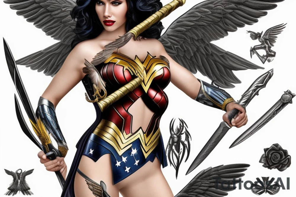 photorealism wonderwoman with archangel wings with sword and with 2 pieces of clothing, fighting with evil tattoo idea