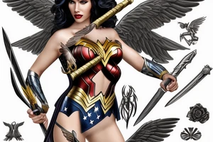 photorealism wonderwoman with archangel wings with sword and with 2 pieces of clothing, fighting with evil tattoo idea