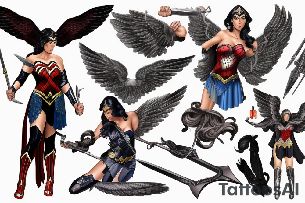 photorealism wonderwoman with archangel wings with sword and with 2 pieces of clothing, fighting with evil tattoo idea