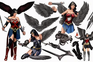 photorealism wonderwoman with archangel wings with sword and with 2 pieces of clothing, fighting with evil tattoo idea