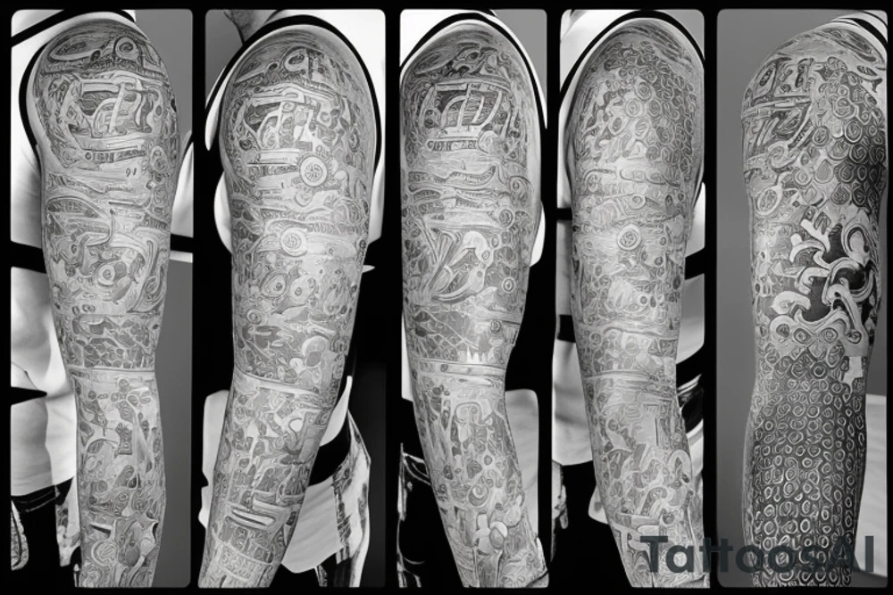 A tattoo sleeve about money, family, love and friends tattoo idea