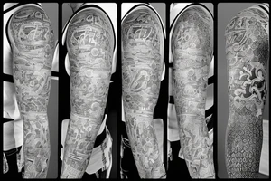 A tattoo sleeve about money, family, love and friends tattoo idea