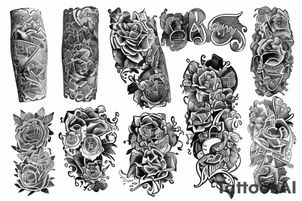 A tattoo sleeve about money, family, love and friends tattoo idea