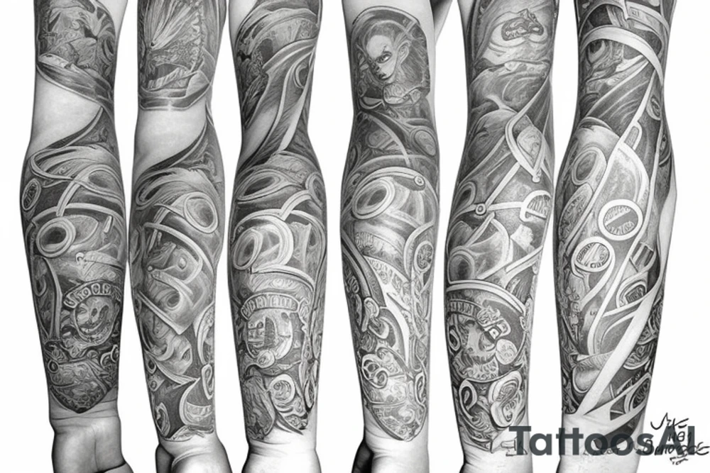 A tattoo sleeve about money, family, love and friends tattoo idea