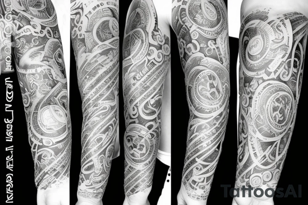 A tattoo sleeve about money, family, love and friends tattoo idea