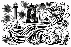 Lighthouse with waves ans daffodiles tattoo idea