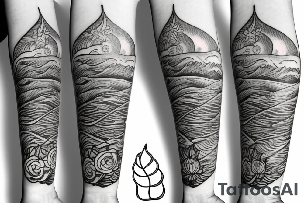 Lighthouse with waves and flowers tattoo idea