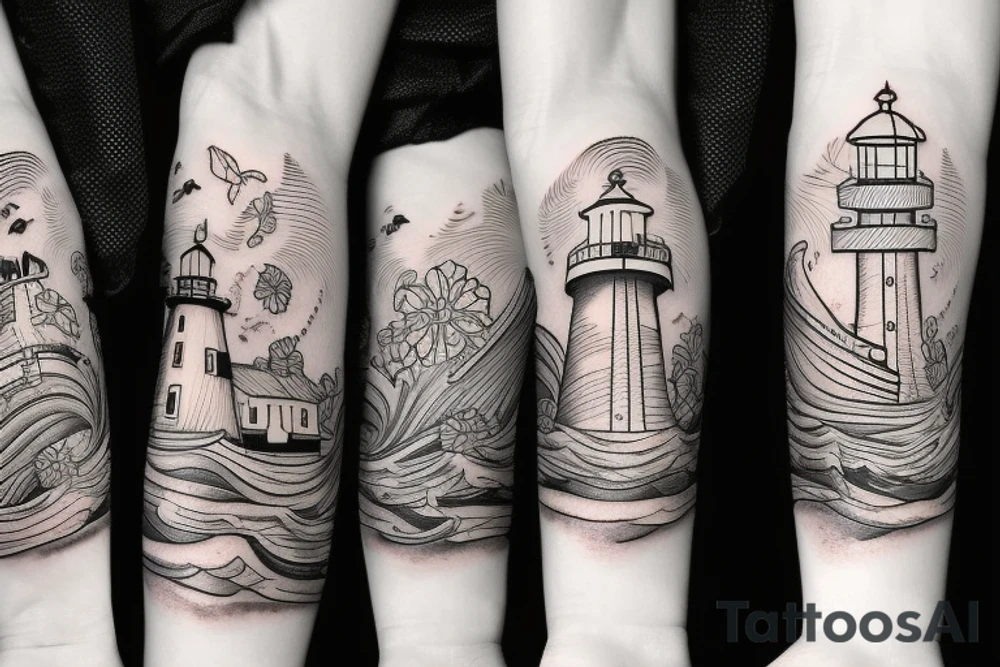 Lighthouse with waves and flowers tattoo idea