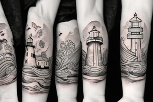 Lighthouse with waves and flowers tattoo idea