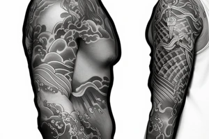 Japanese half sleeve depicting a soldier wading through water with waves throughout the half sleeve and the soldier has a cross necklace tattoo idea