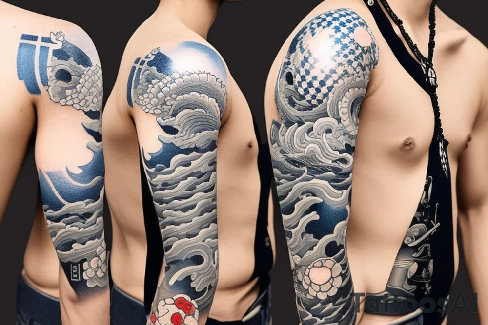 Japanese half sleeve depicting a soldier wading through water with waves throughout the half sleeve and the soldier has a cross necklace tattoo idea
