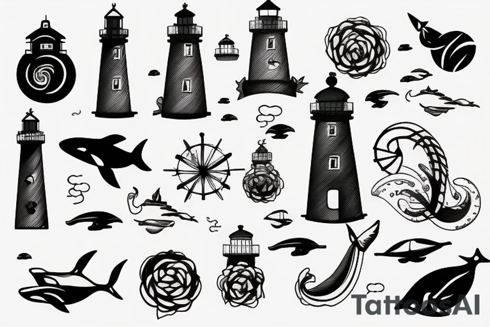 Lighthouse with waves and whale tattoo idea