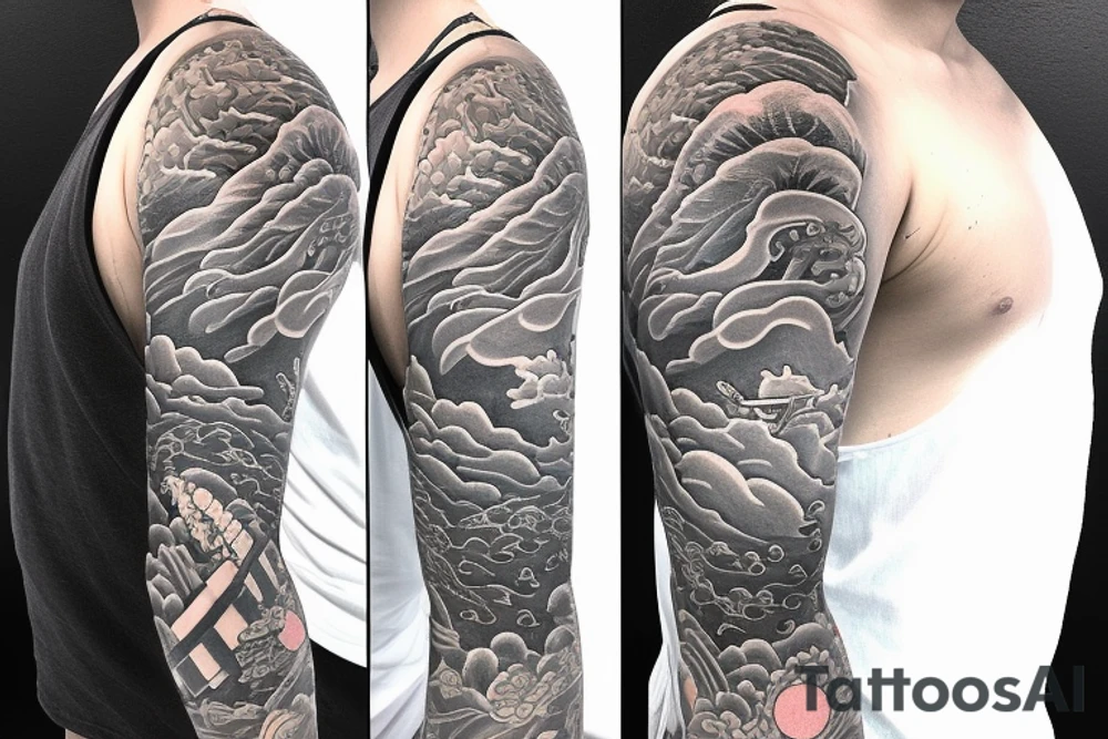Japanese half sleeve depicting an American soldier wading through water with waves throughout the half sleeve and the soldier has a cross necklace tattoo idea