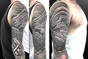 Japanese half sleeve depicting an American soldier wading through water with waves throughout the half sleeve and the soldier has a cross necklace tattoo idea