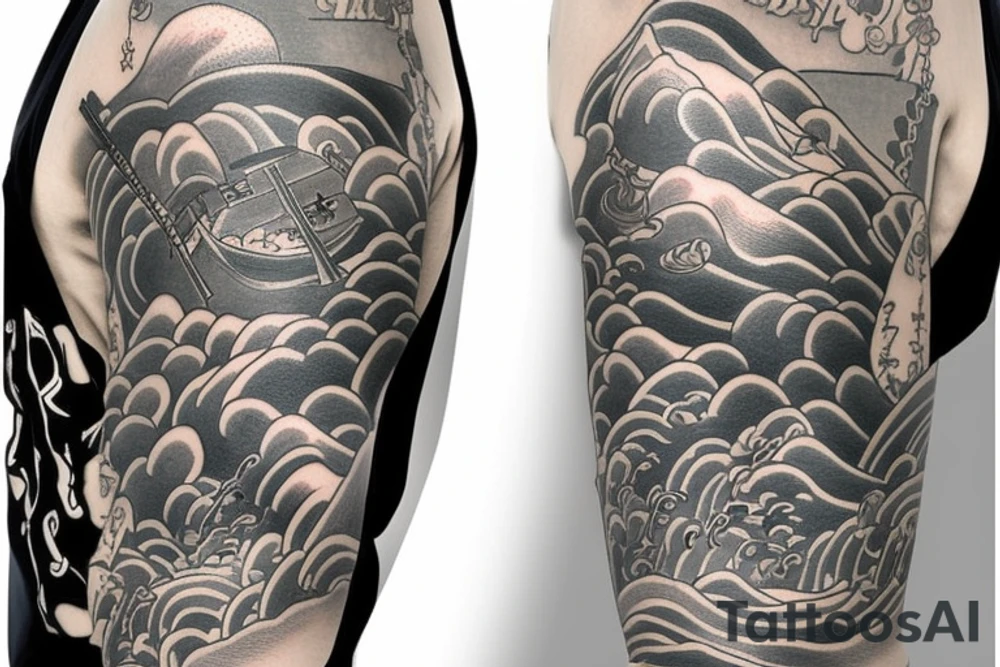 Japanese half sleeve depicting an American soldier wading through water with waves throughout the half sleeve and the soldier has a cross necklace tattoo idea