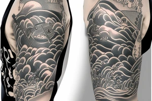 Japanese half sleeve depicting an American soldier wading through water with waves throughout the half sleeve and the soldier has a cross necklace tattoo idea