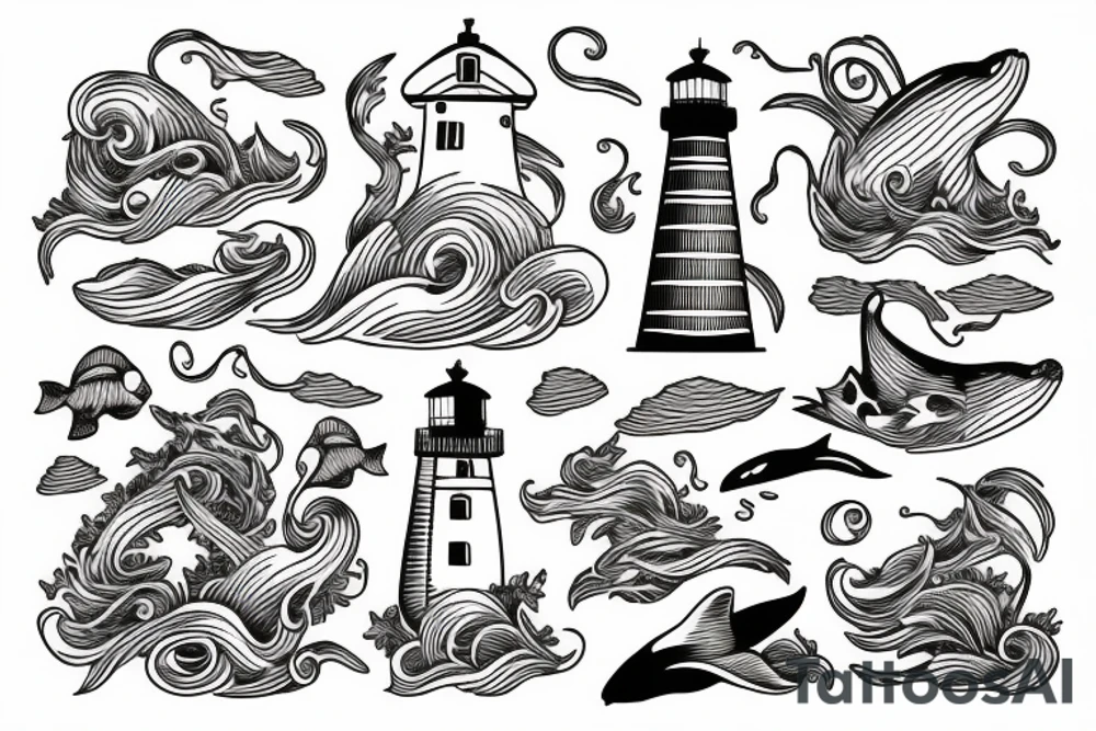 Lighthouse with waves and whale tattoo idea