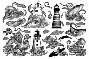 Lighthouse with waves and whale tattoo idea