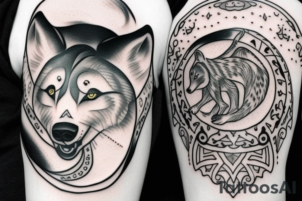 two wolfs black and white ying yang tattoo idea