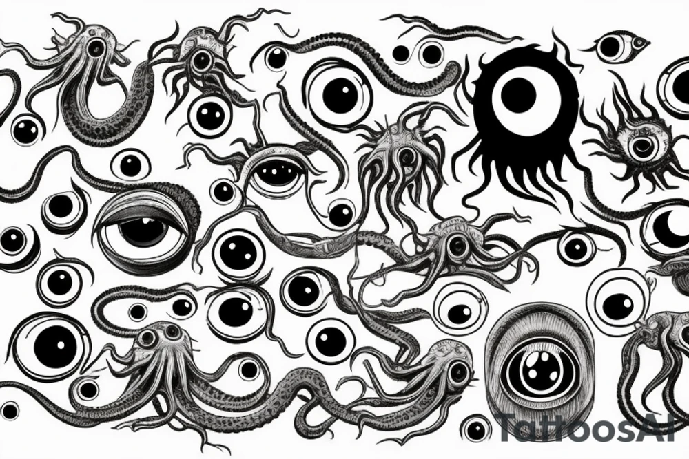 grotesque mass of tentacles and a lot of randomly placed eyeballs Hermaeus Mora Daedric Prince tattoo idea