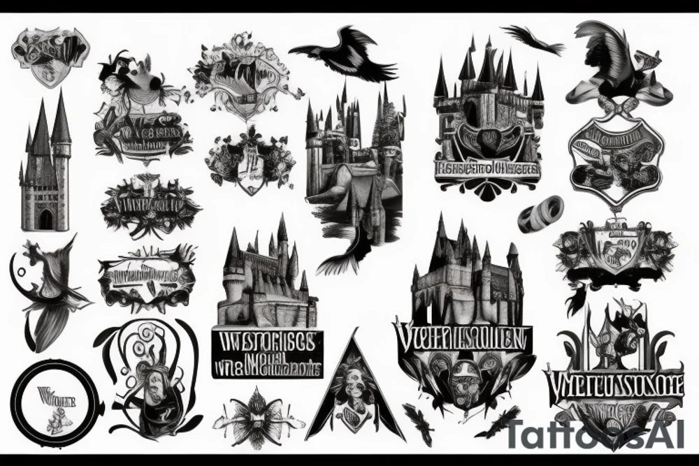 das hogwartsschloss von vorne mit einem gewundenen weg davor auf welchem allerlei magische wesen unterwegs sind tattoo idea