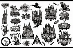 das hogwartsschloss von vorne mit einem gewundenen weg davor auf welchem allerlei magische wesen unterwegs sind tattoo idea