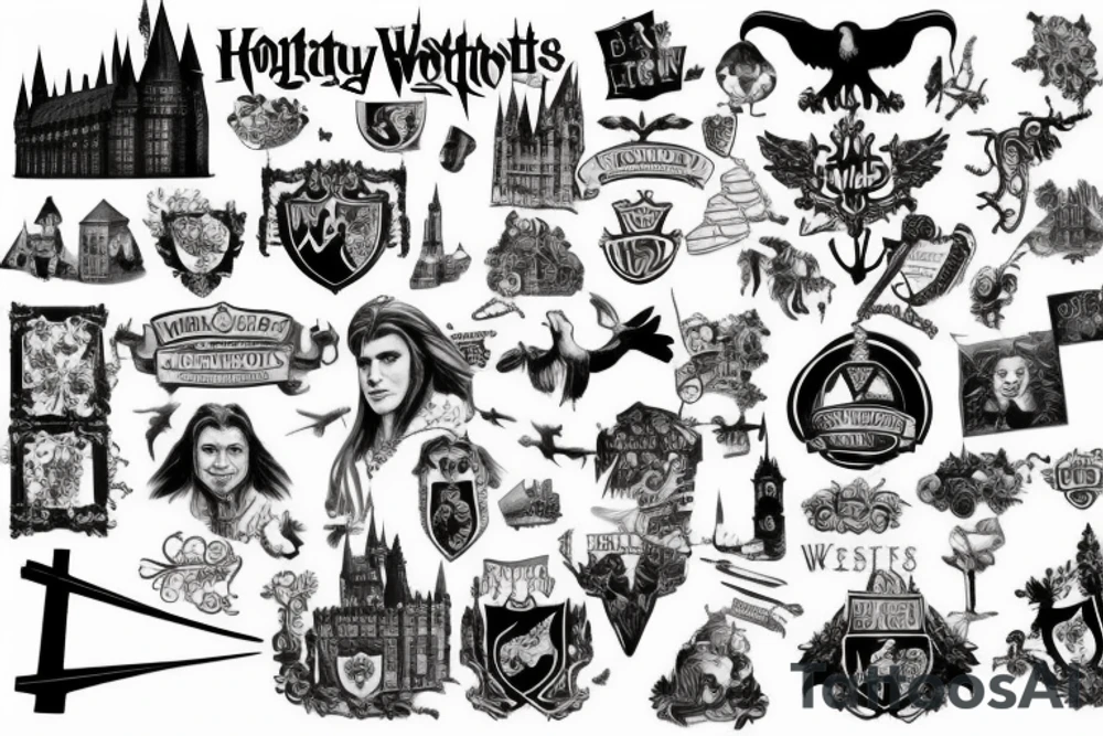 das hogwartsschloss von vorne mit einem gewundenen weg davor auf welchem allerlei magische wesen unterwegs sind tattoo idea