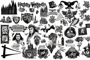 das hogwartsschloss von vorne mit einem gewundenen weg davor auf welchem allerlei magische wesen unterwegs sind tattoo idea