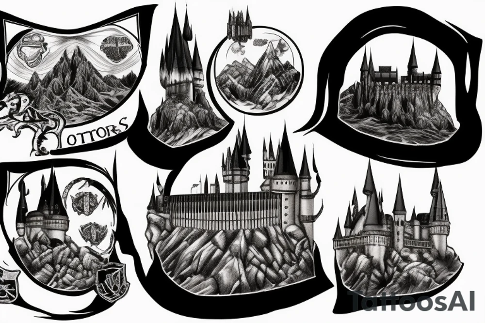 hogwarts castle with scenes from the books tattoo idea