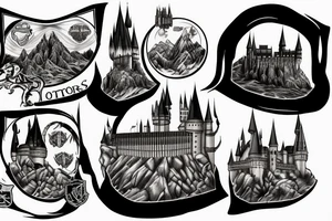 hogwarts castle with scenes from the books tattoo idea