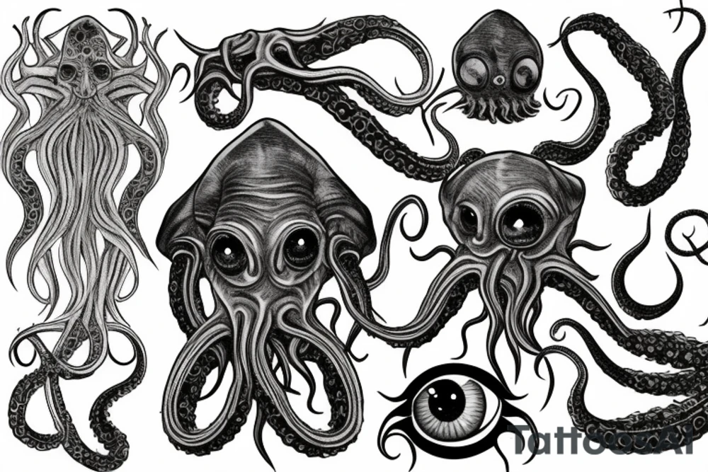 Hermaeus Mora Daedric Prince of knowledge and memory as a grotesque black mass of tentacles and eyeballs tattoo idea