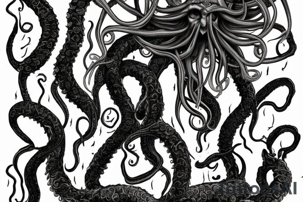 Hermaeus Mora Daedric Prince of knowledge and memory as a grotesque black mass of tentacles and a lot of randomly placed on body 
eyeballs tattoo idea