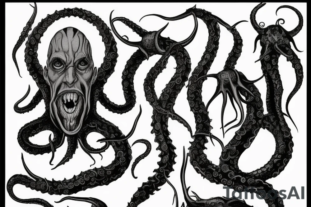 Hermaeus Mora Daedric Prince of knowledge and memory as a grotesque black mass of tentacles and a lot of randomly placed on body 
eyeballs tattoo idea