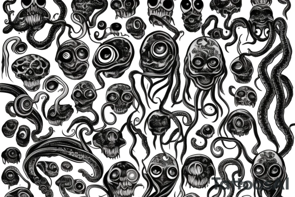 Hermaeus Mora grotesque black mass of tentacles and a lot of randomly placed 
eyeballs tattoo idea