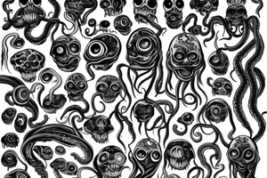 Hermaeus Mora grotesque black mass of tentacles and a lot of randomly placed 
eyeballs tattoo idea
