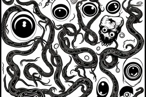 Hermaeus Mora grotesque black mass of tentacles and a lot of randomly placed 
eyeballs tattoo idea
