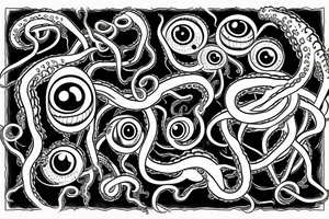 Hermaeus Mora grotesque black mass of tentacles and a lot of randomly placed 
eyeballs tattoo idea