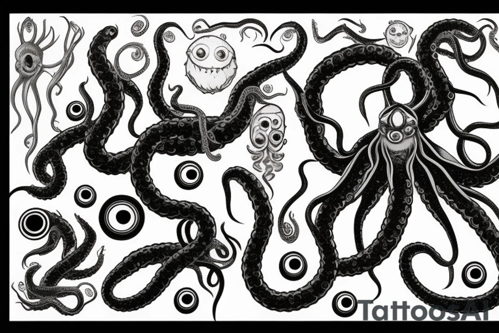 Hermaeus Mora grotesque black mass of tentacles and a lot of randomly placed 
eyeballs tattoo idea