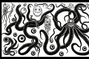 Hermaeus Mora grotesque black mass of tentacles and a lot of randomly placed 
eyeballs tattoo idea