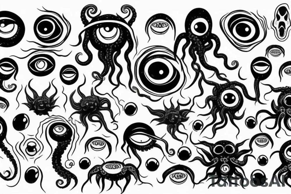 Hermaeus Mora grotesque black mass of tentacles and a lot of randomly placed 
eyeballs tattoo idea