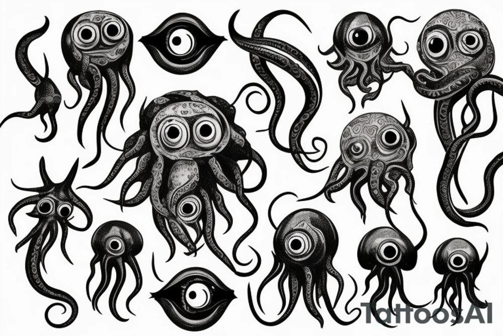 Hermaeus Mora grotesque black mass of a lot of tentacles and a lot of randomly placed 
eyeballs horizontally symmetric tattoo idea