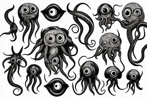 Hermaeus Mora grotesque black mass of a lot of tentacles and a lot of randomly placed 
eyeballs horizontally symmetric tattoo idea