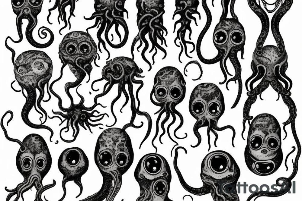 Hermaeus Mora grotesque black mass of a lot of tentacles and a lot of randomly placed 
eyeballs horizontally symmetric tattoo idea