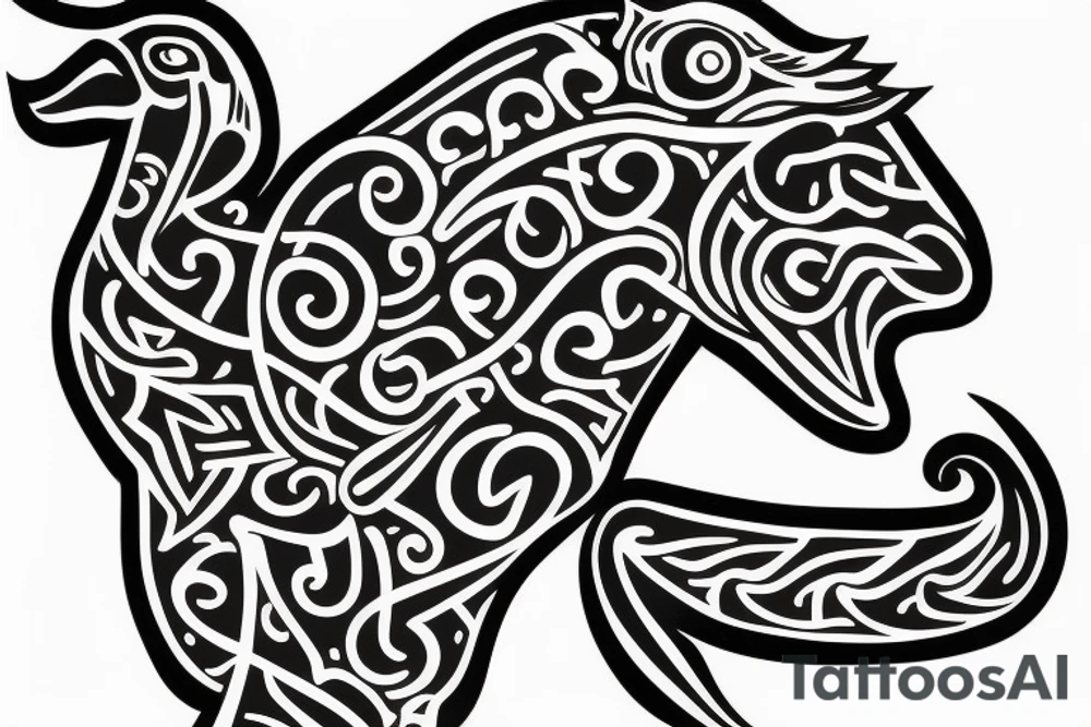 Bird and a dog viking tattoo in a horse shoe shape tattoo idea
